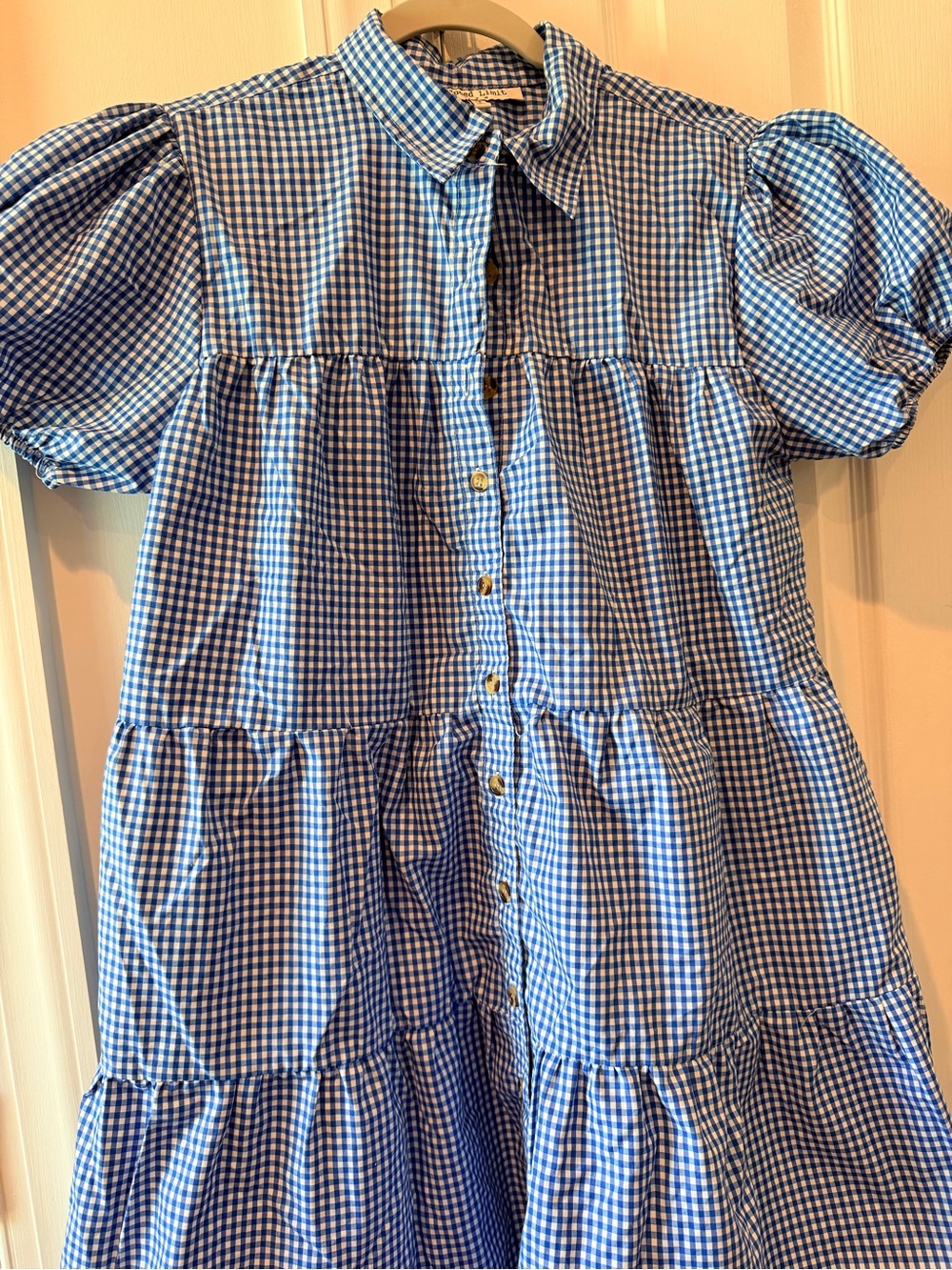 Speed Limit 98 Blue and White Gingham Tiered Shirt Dress
